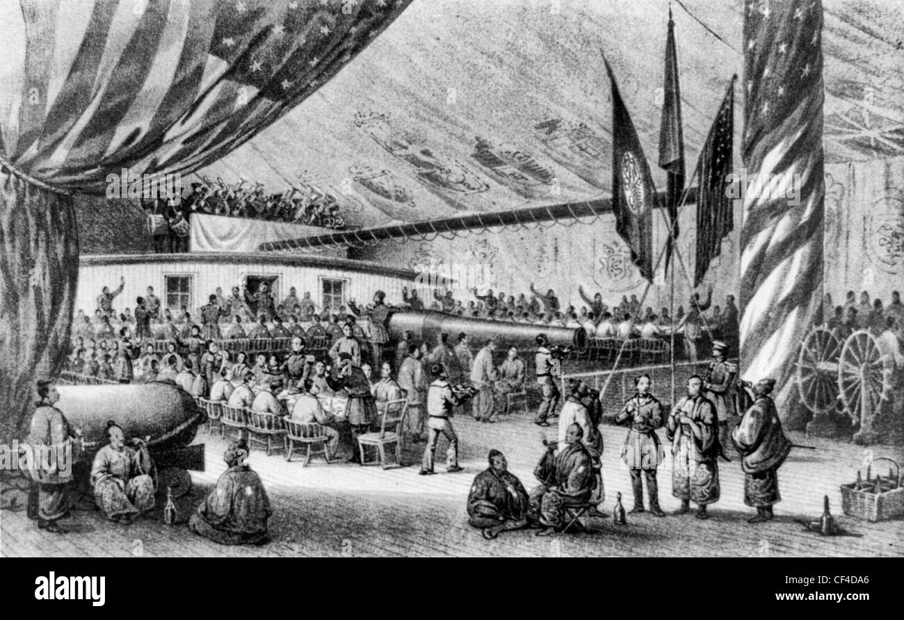 Banquet given for the Japanese commissioners on board the U.S.S. Powhatan, possibly in the bay at Edo (Tokyo). 1854 Stock Photo