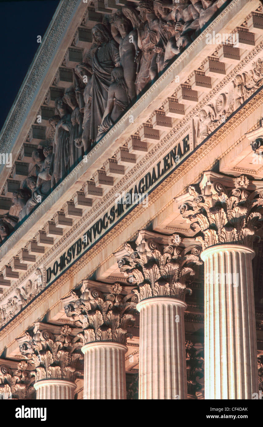 'Eglise de la Madeleine', Paris, France, Detail, Greek Architecture, Columns, Night. Church Front Stock Photo