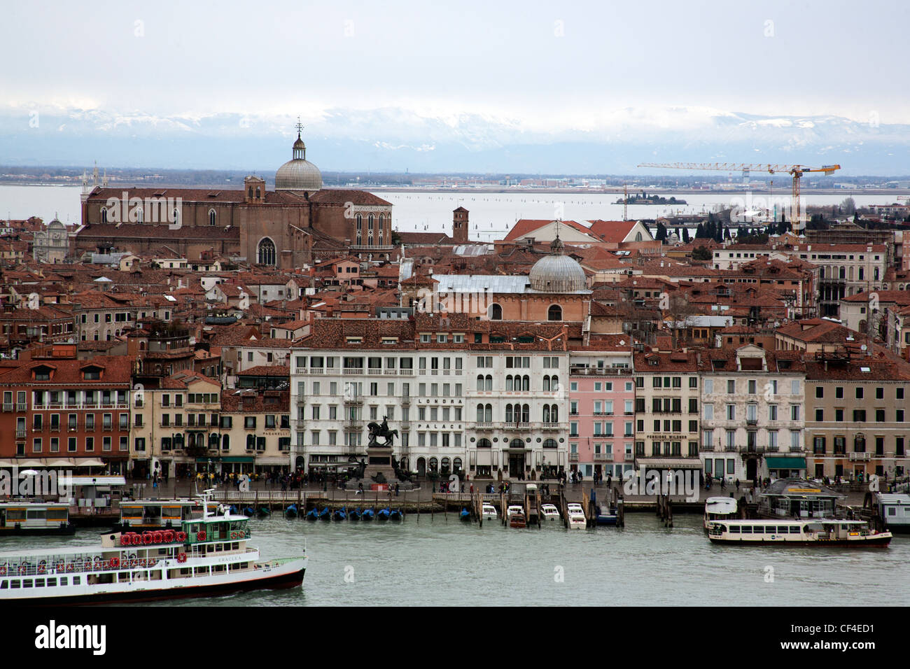 View over Venice and Tronchetto - Lido di Venezia - from the campanile - bell tower - of San Giorgio Maggiore Venice Italy Stock Photo