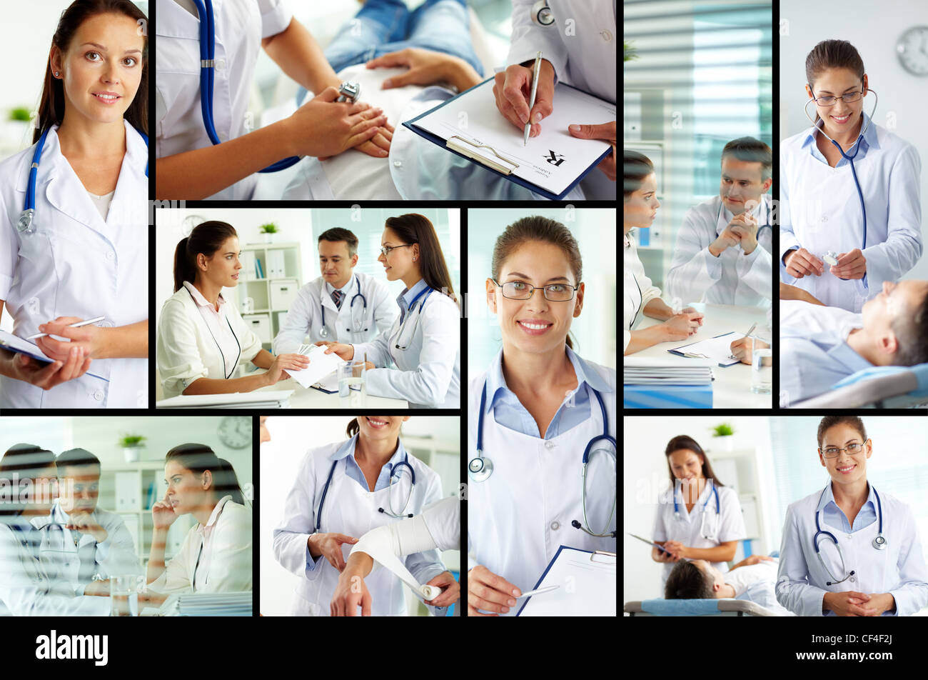 Collage of medical staff working with patient, filling the blanks and ...
