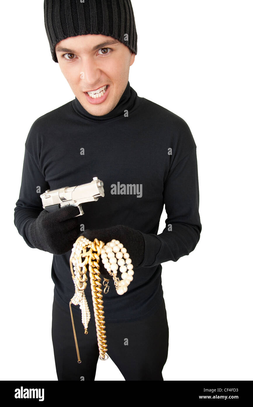 Caucasian burglar with gun and jewelry Stock Photo Alamy