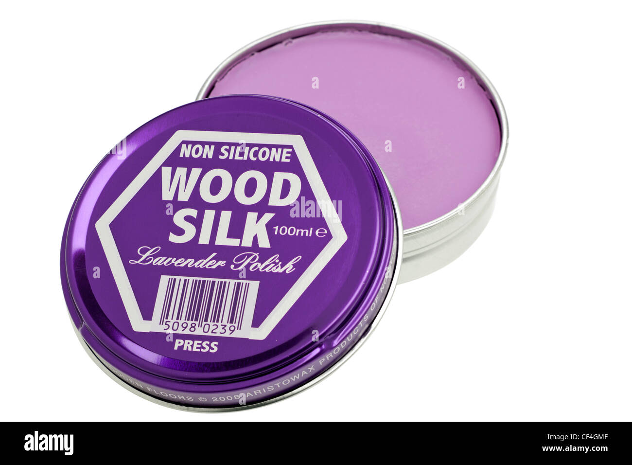 Tin of non silicone Wood Silk lavender polish Stock Photo