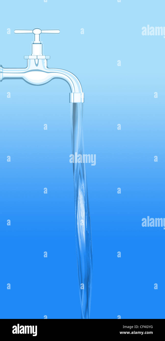 a water tap with realistic flowing water, on a blue background Stock ...