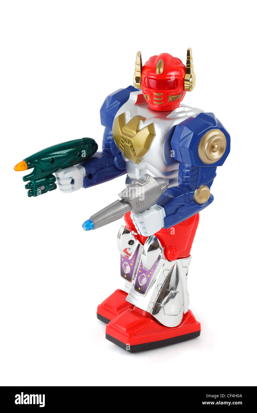 Colorful toy robot on white background. View from top side. Stock Photo