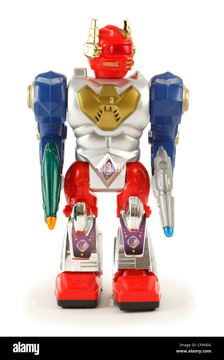 Colorful toy robot on white background. Front. Isolated. Stock Photo