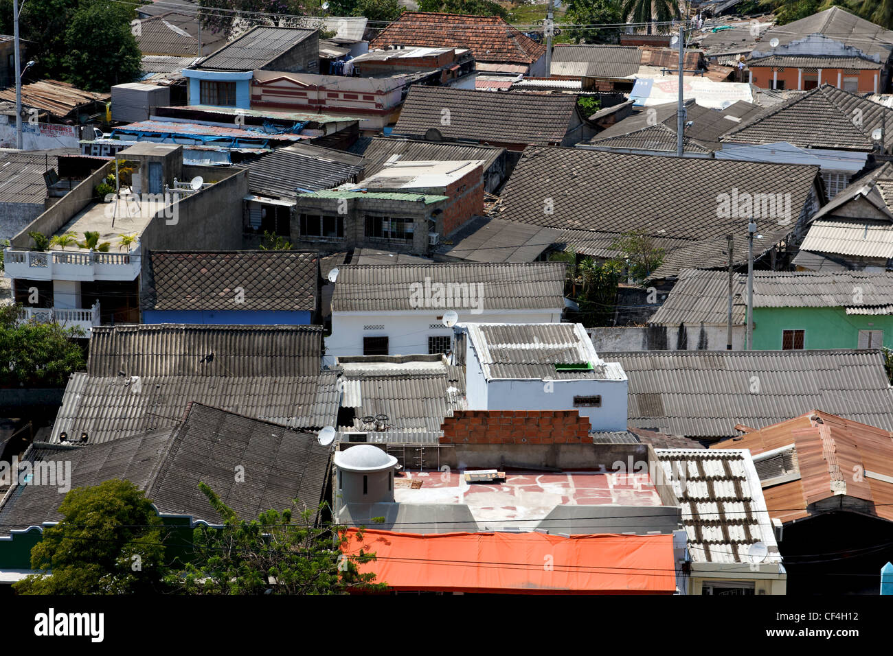 A chaotic Caribbean residential neighborhood in Cartagena de Indias, Colombia, seen from above. Stock Photo