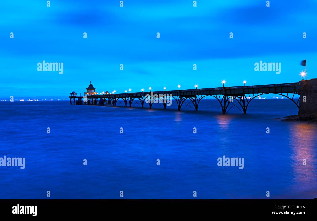Clevedon pier in the Severn Estuary just before dawn. Stock Photo