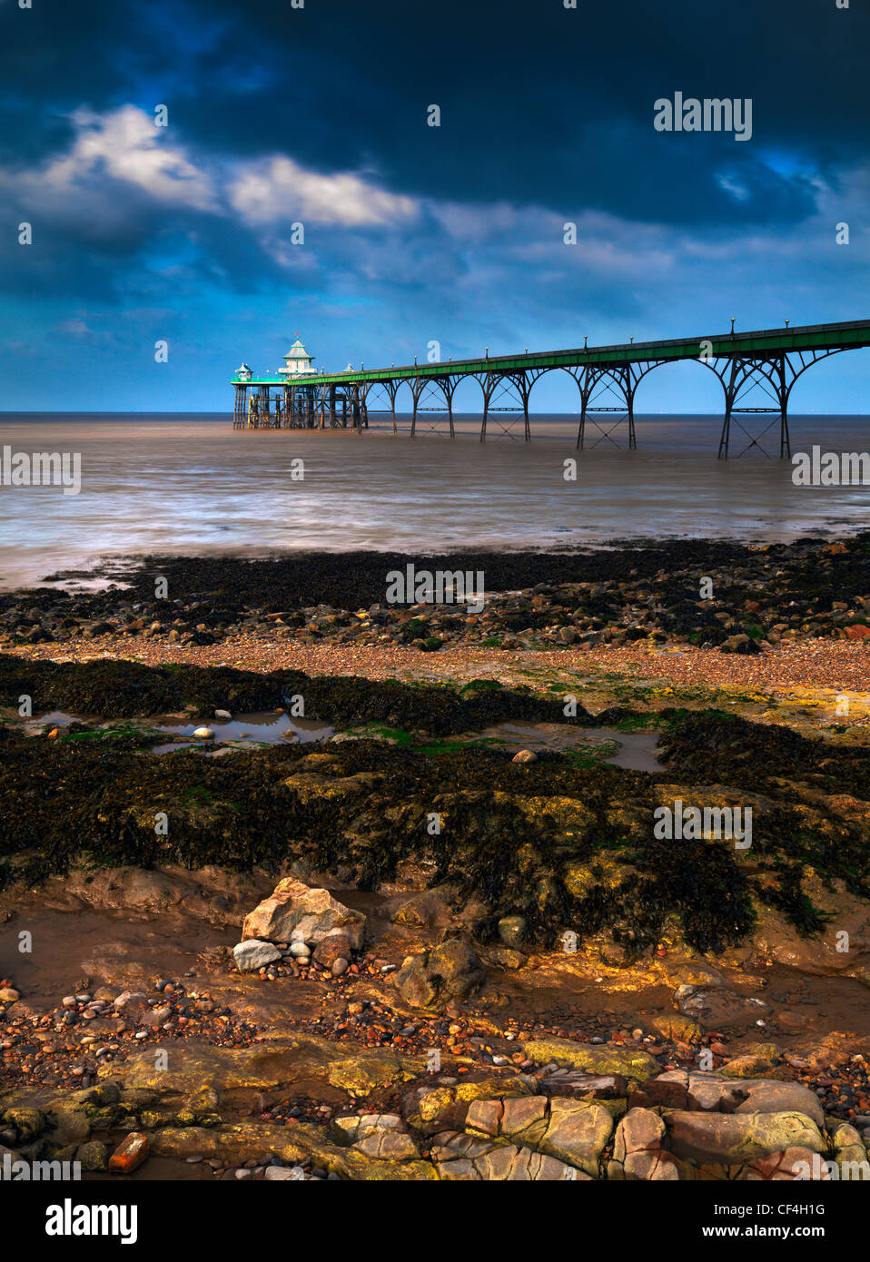 Clevedon Beach and Pier in the Severn Estuary at Sunrise. Stock Photo