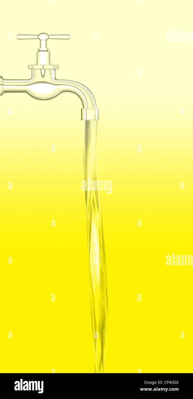 a water tap with realistic flowing water, on a yellow background Stock ...