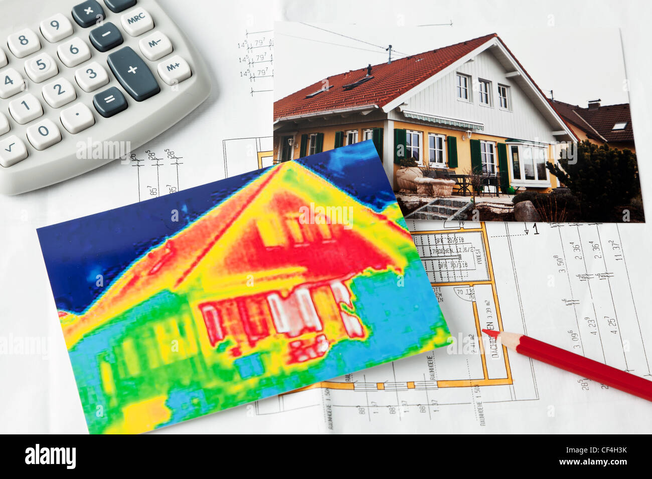 save energy by insulating. house with thermal imaging cameras photographed. Stock Photo