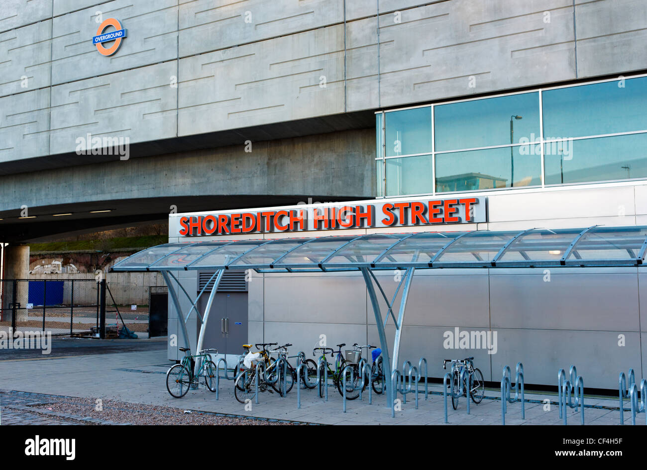 A bicycle rack outside Shoreditch High Street overground railway station. Stock Photo