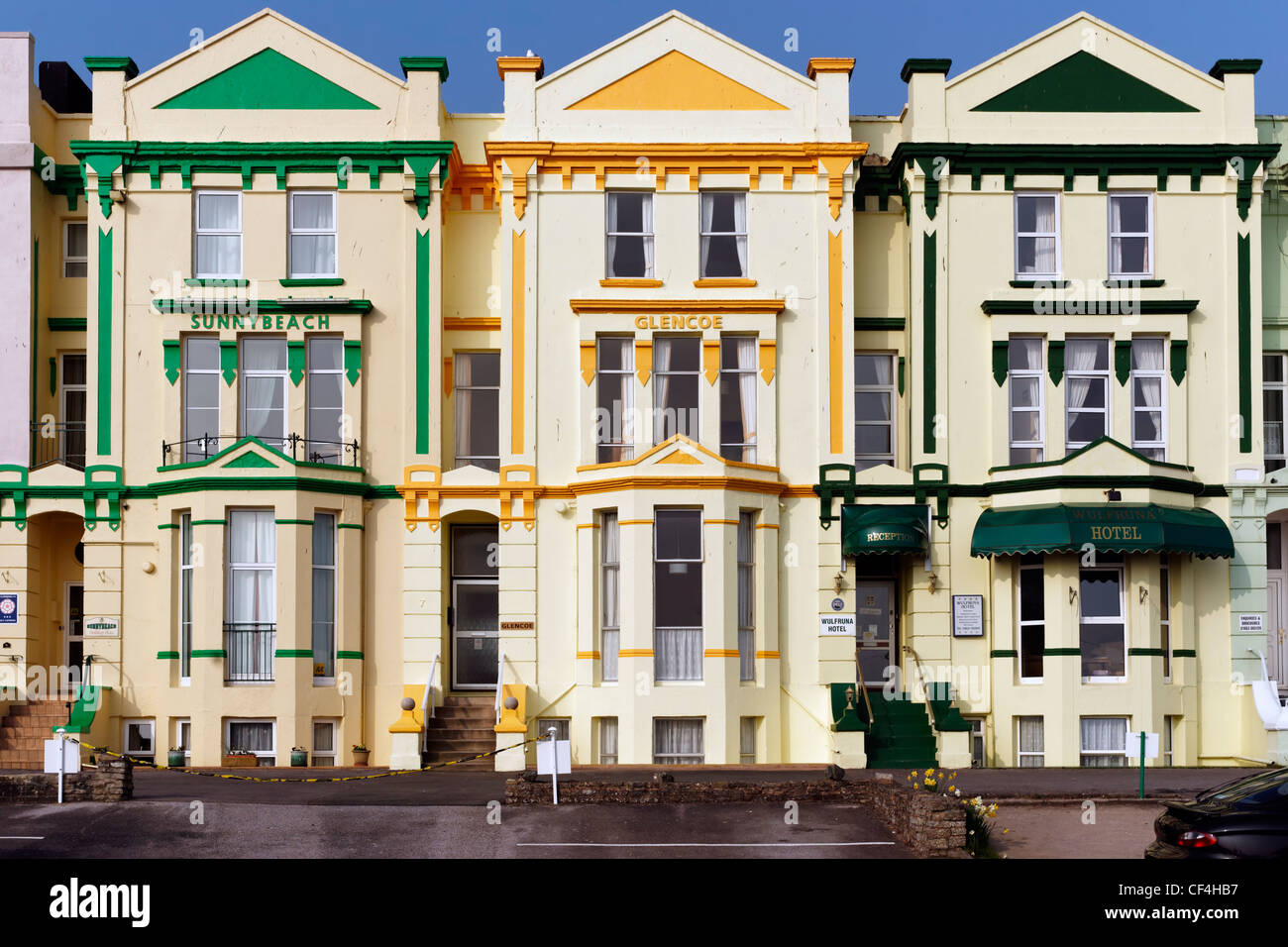 Colourful hotels on the seafront at Paignton on the English Riviera. Stock Photo