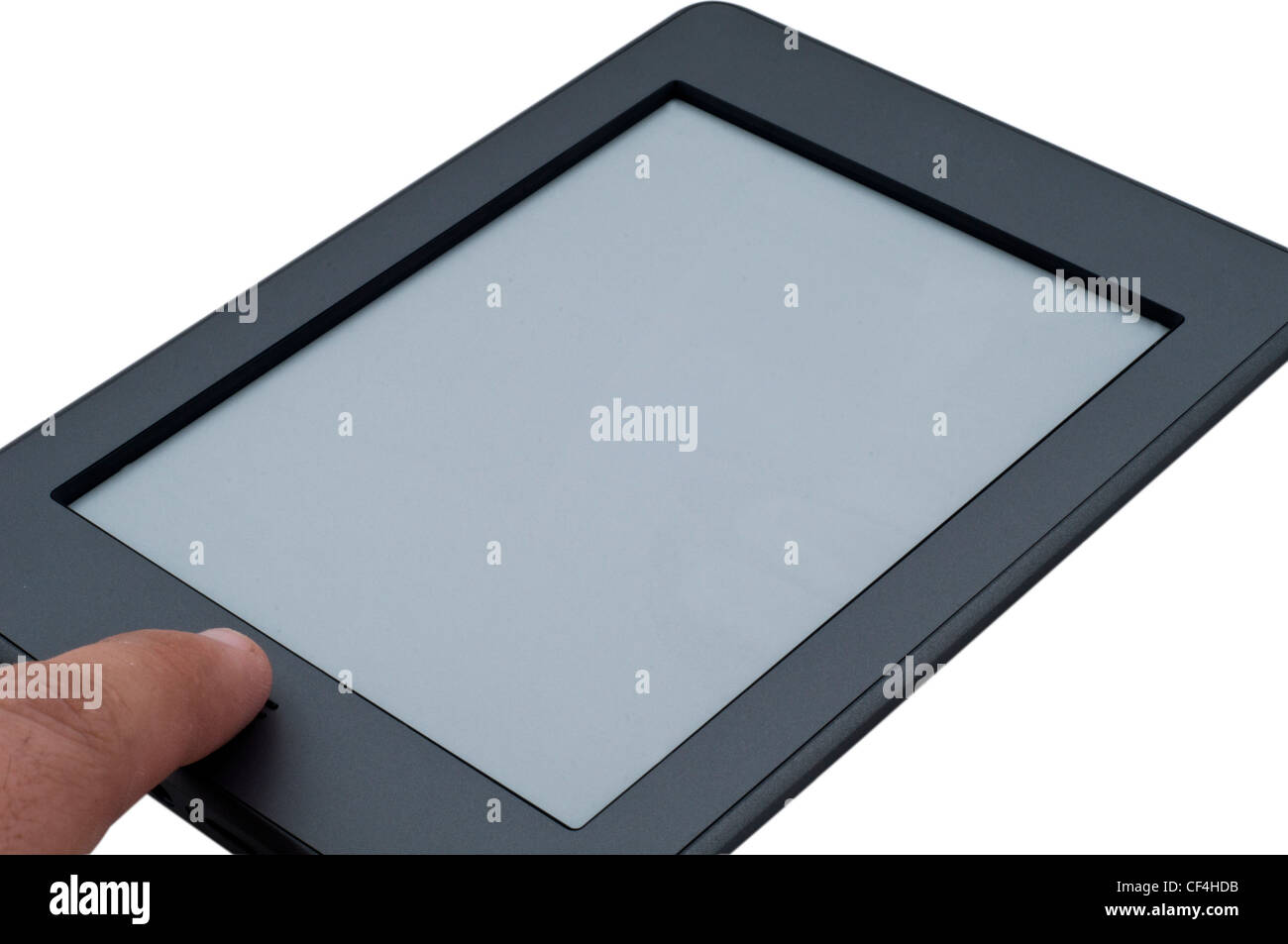 Guy pressing button of Ebook reader device on isolated white background Stock Photo
