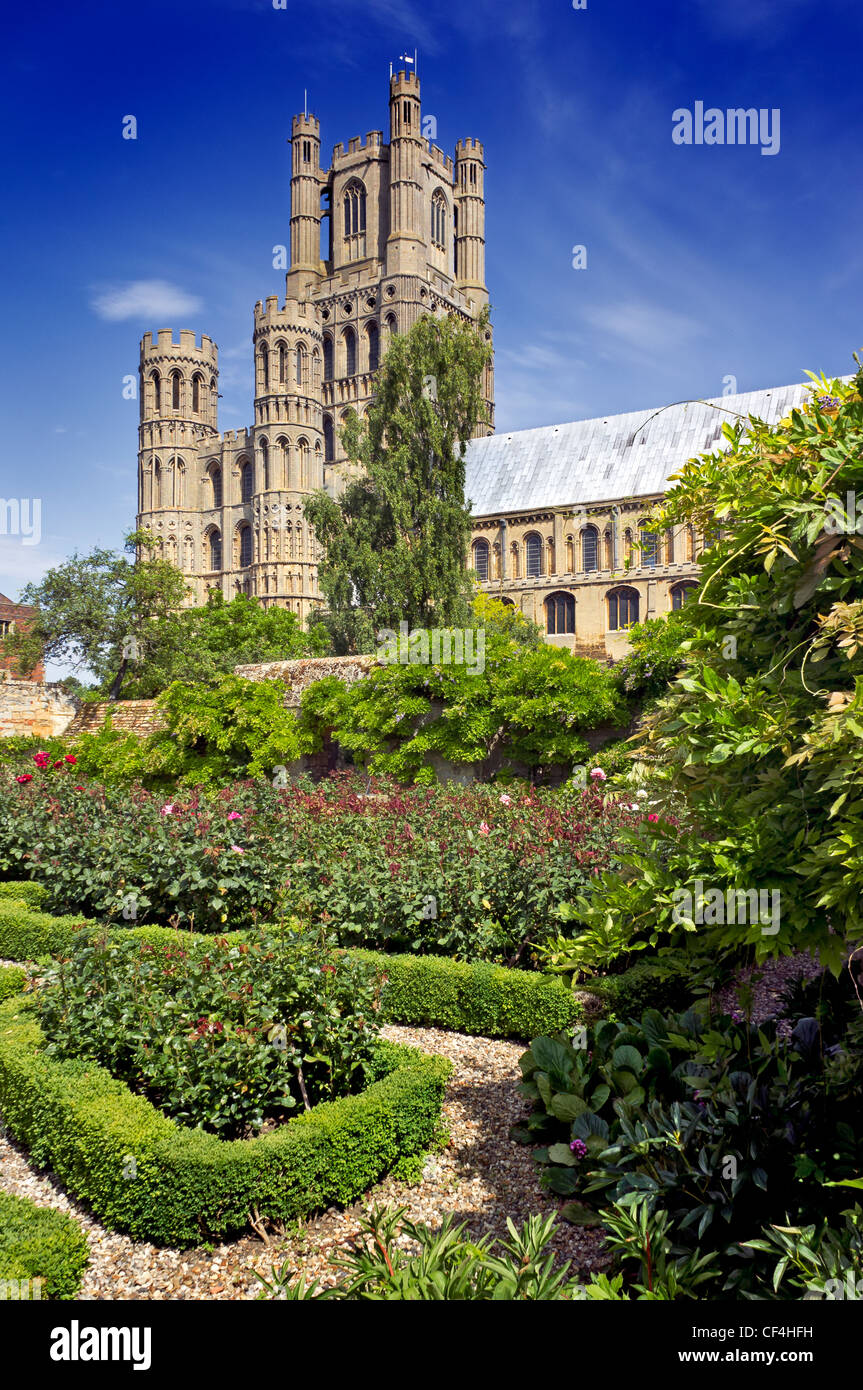 Ely Cathedral, known locally as 'the ship of the Fens' and garden. Stock Photo