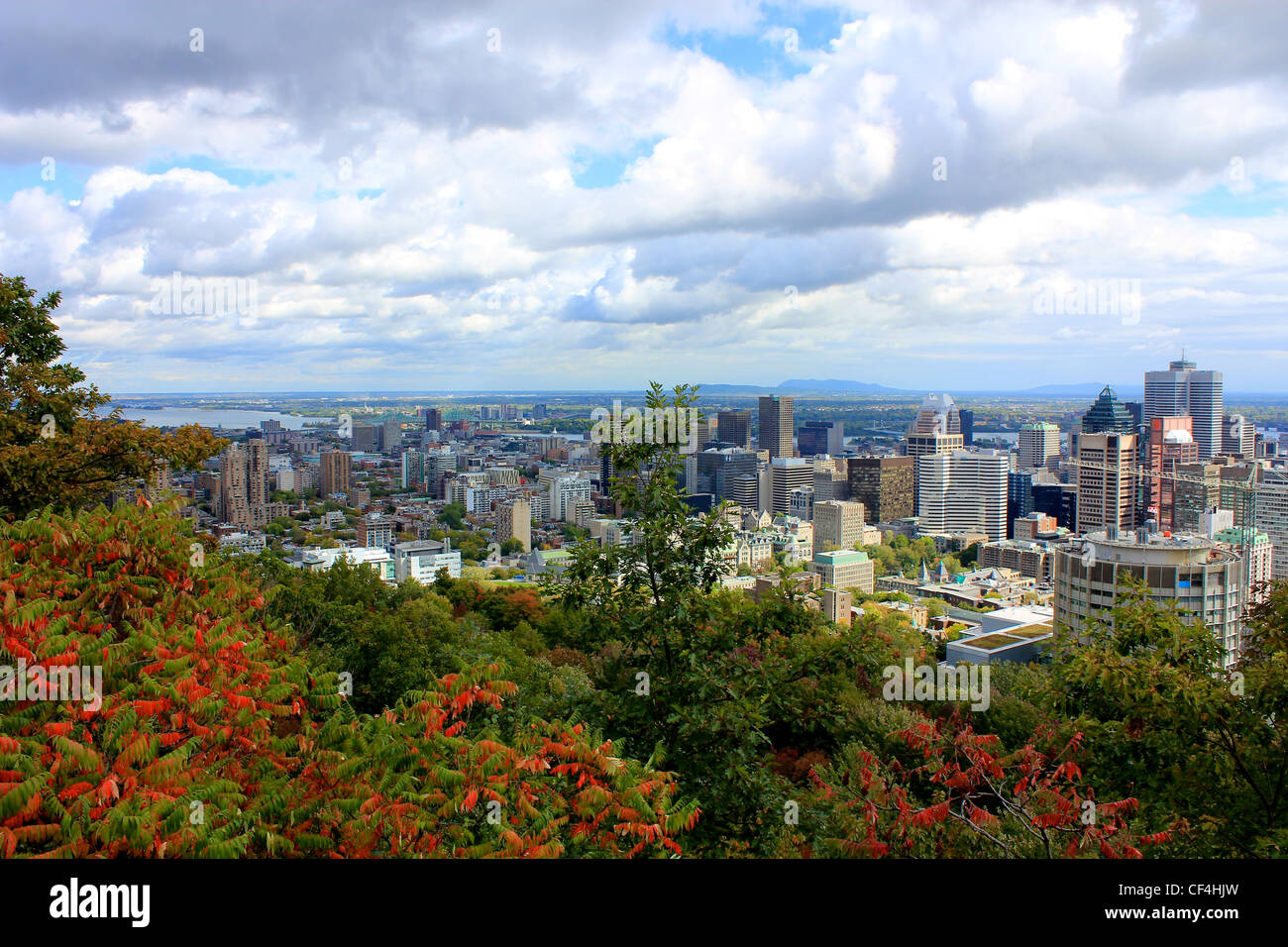 A view of Montreal, Quebec from the park at Mt Royal. Stock Photo