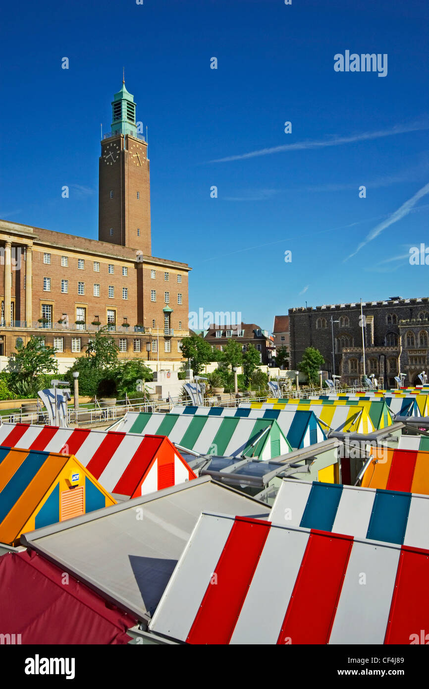The brightly coloured canopies of stalls on Norwich Market. Stock Photo