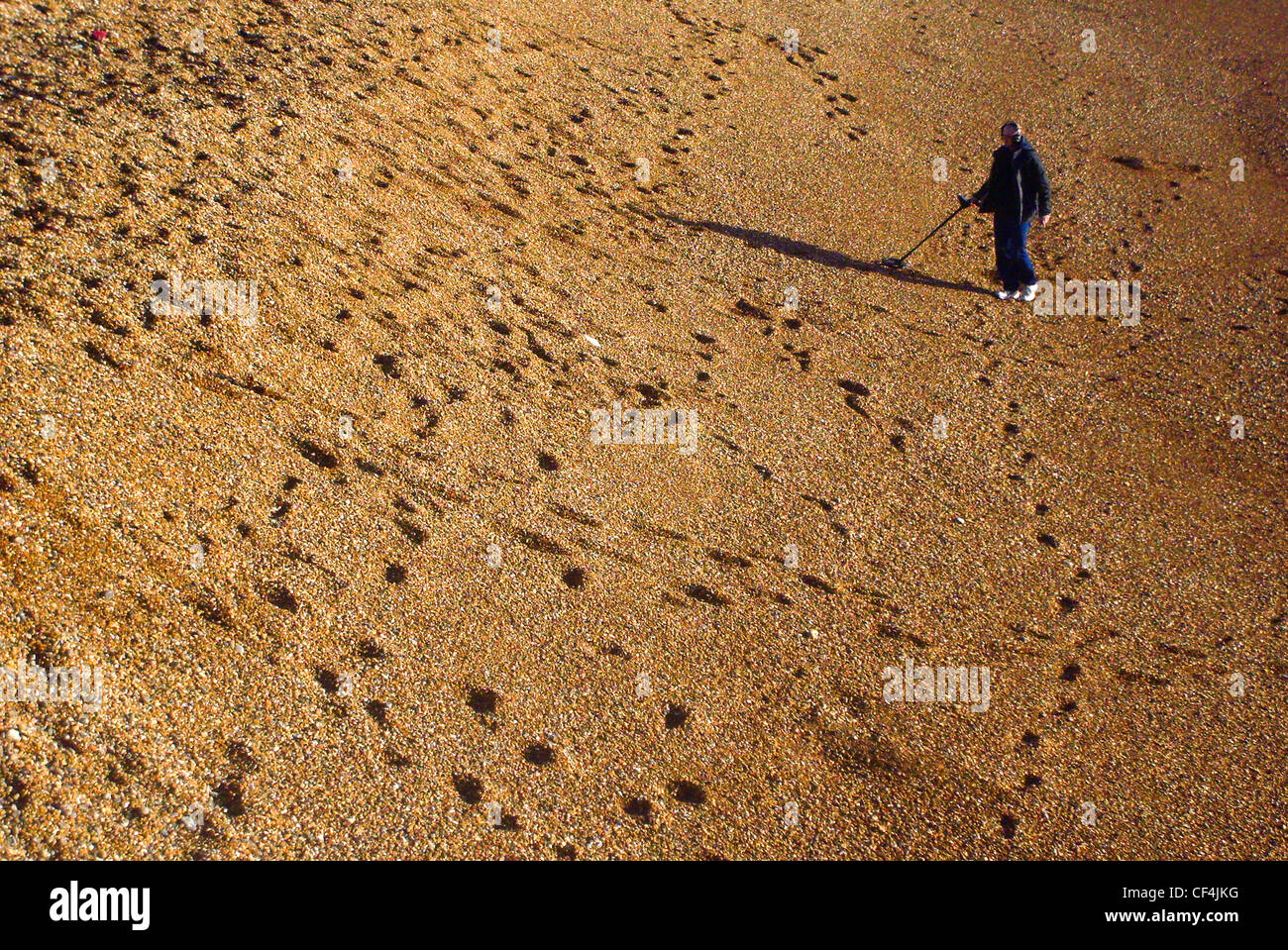 A man with a metal detector treasure hunting on Brighton beach. Stock Photo