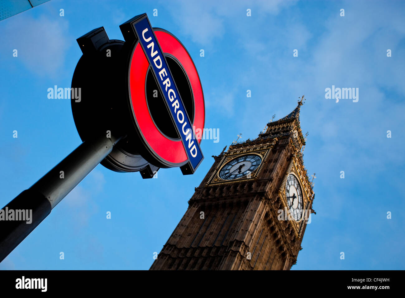 London Underground sign next to the iconic and famous landmark Big Ben. Stock Photo