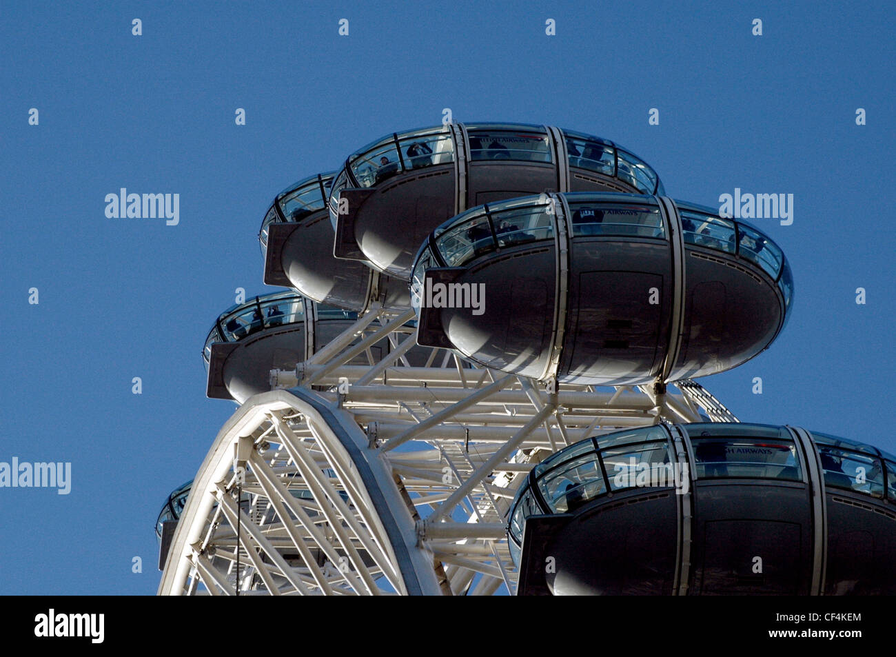 London Eye pods viewed from below. Opened in 1999, the Millennium Wheel is the largest observation wheel in the world. Stock Photo