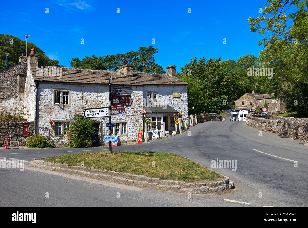 Traditional stone buildings in the centre of Malham in the Yorkshire Dales. Stock Photo