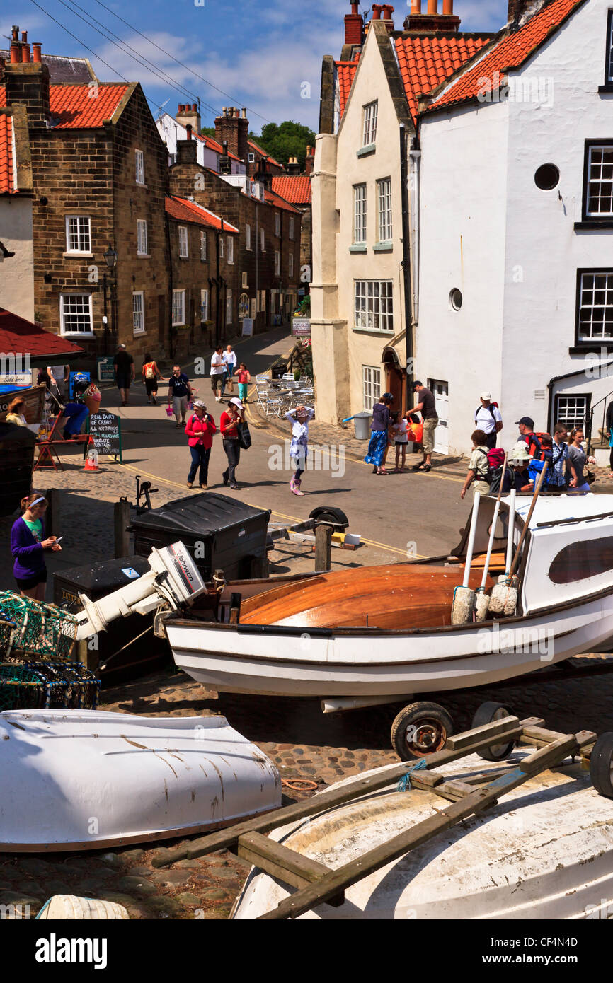 Small fishing boats in the centre of Robin Hood's Bay, the busiest smuggling community on the Yorkshire coast during the 18th ce Stock Photo