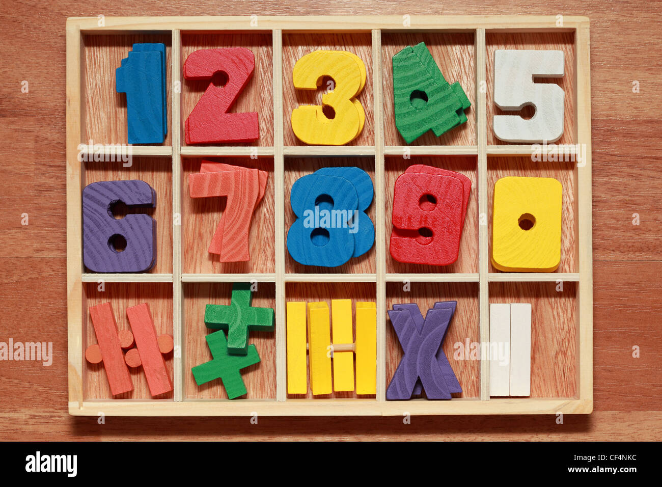 math game for junior age with colored wooden signs of numbers Stock