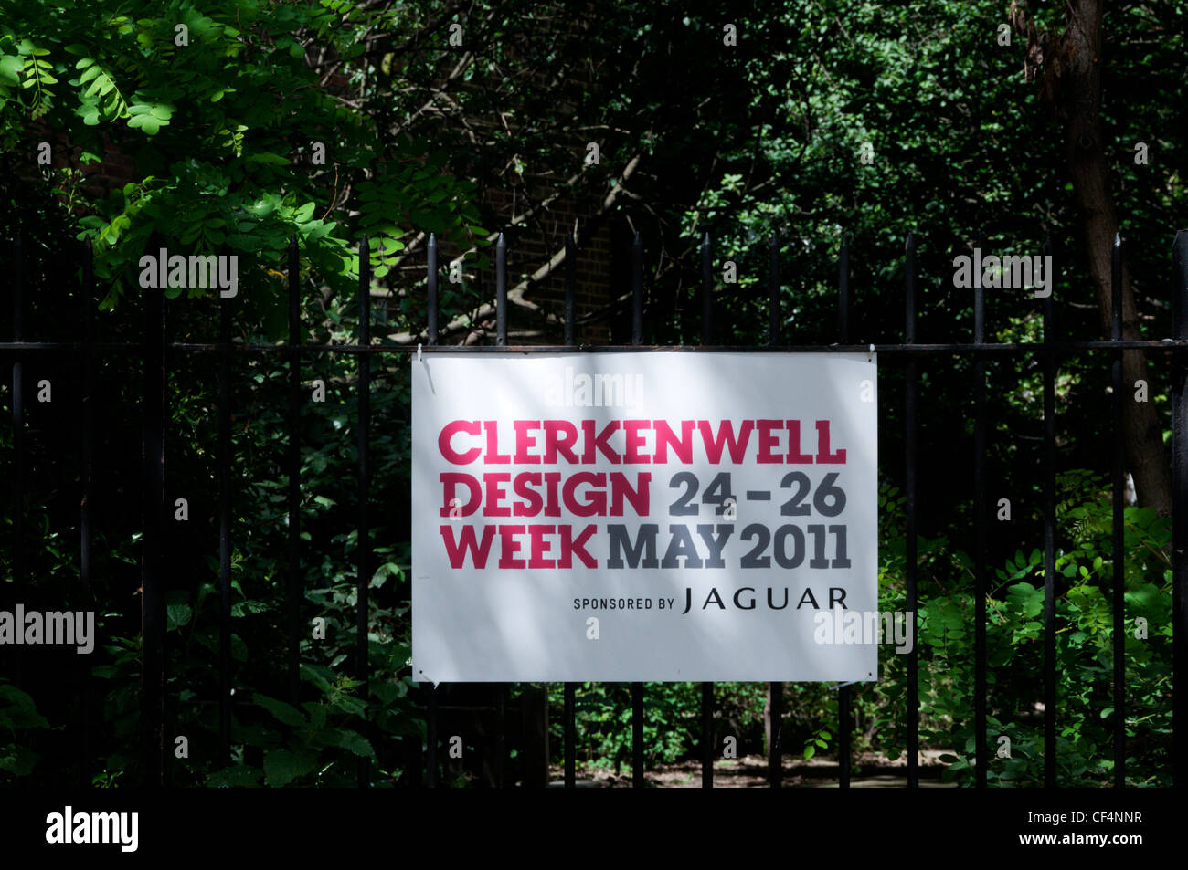 A sign on railings for Clerkenwell Design Week. Stock Photo