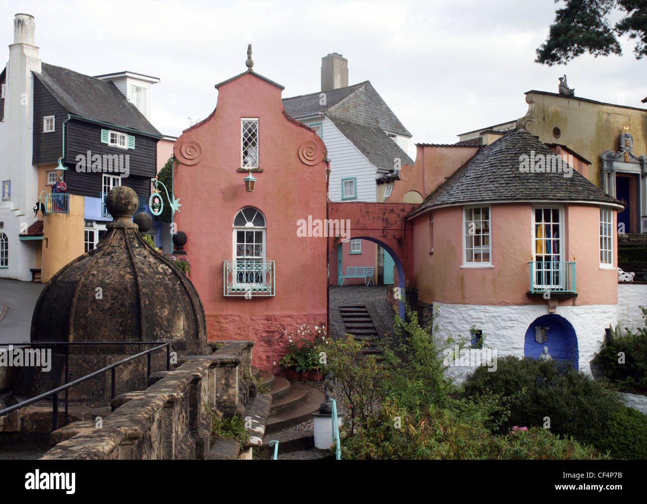 Portmeirion Village, an Italianate village designed by Clough Williams-Ellis. Portmeirion is famously known as the location of t Stock Photo