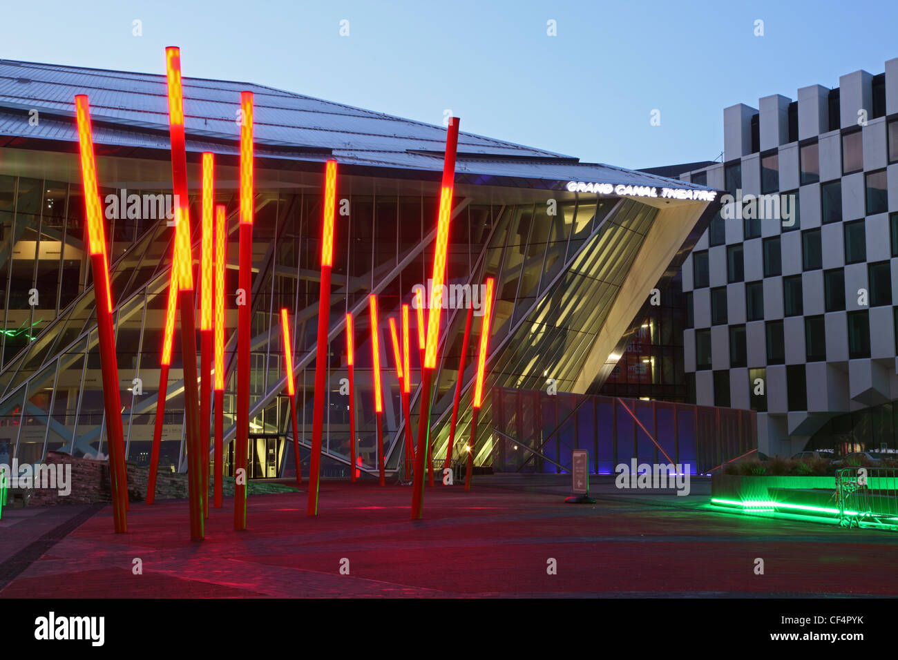 Daniel Libeskind's Grand Canal Theatre in Grand Canal Square, at twilight. Stock Photo