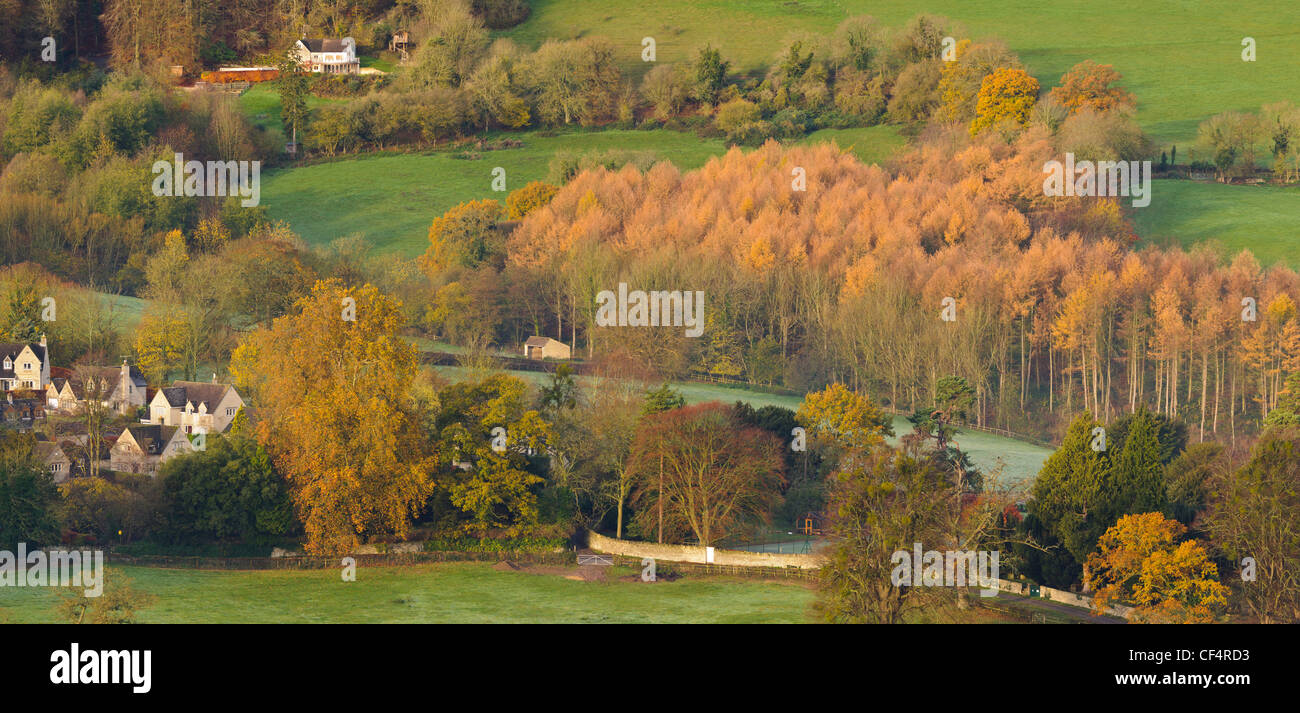 View of Woodchester seen from Rodborough Common early in the morning in autumn near Stroud, Gloucestershire Stock Photo