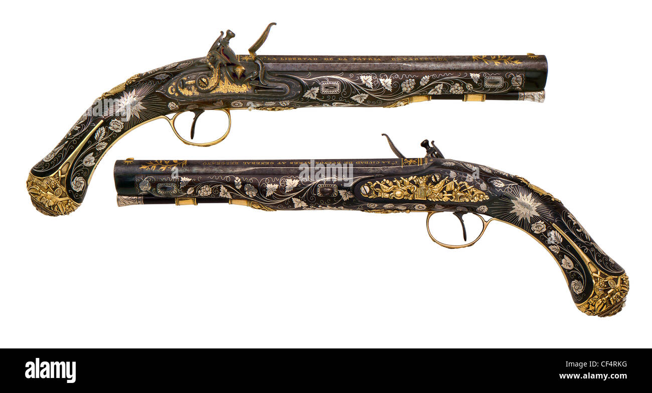 Argentinian General Belgrano 16 bore Flintlock Pistols by Tatham & Egg of London, circa 1814. (Higher Dynamic Range)(Clip paths) Stock Photo