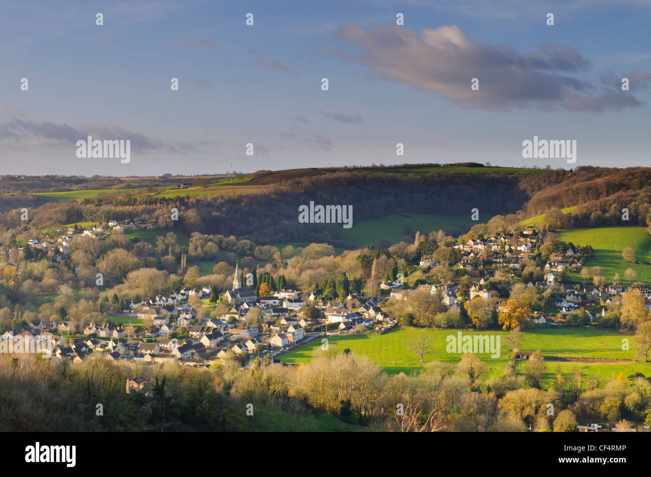 view of Woodchester in Nailsworth Valley seen from Rodborough Common in Stroud, Gloucestershire, UK Stock Photo