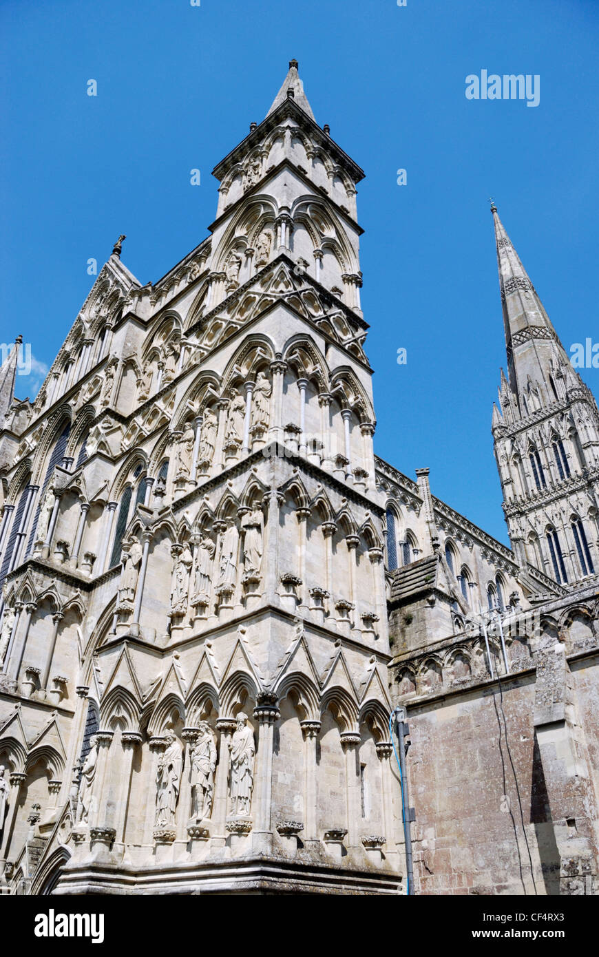 The ornate towers of Salisbury Cathedral, one of the finest medieval cathedrals in Britain. Stock Photo