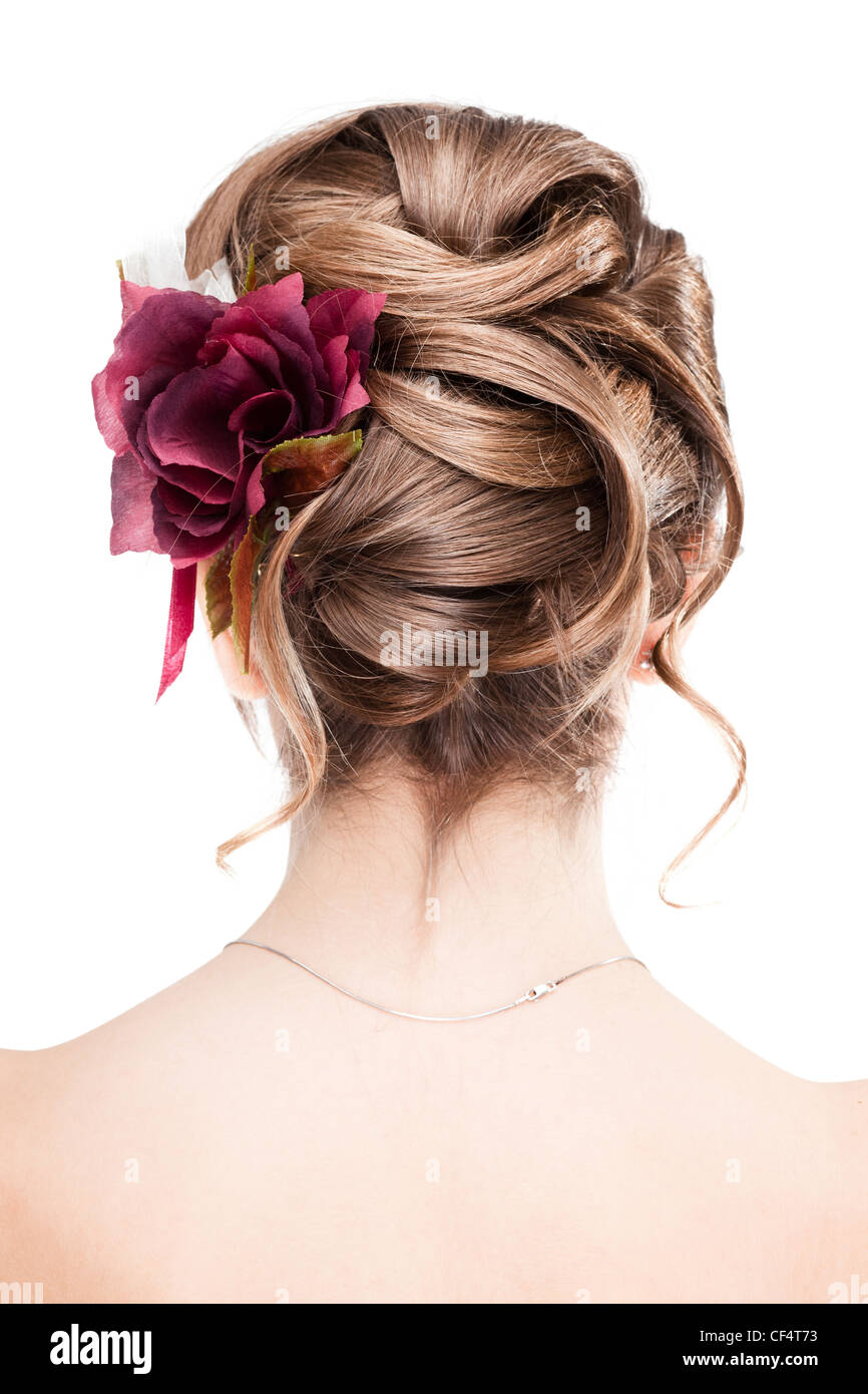 beauty wedding hairstyle rear view isolated on white Stock Photo