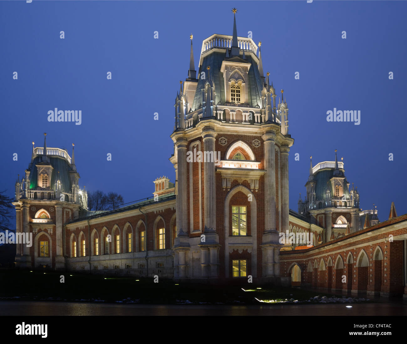 Evening lighting castle of State historical and architectural museum reserve Tsaritsyno, Russia. It was build in 1776. Stock Photo
