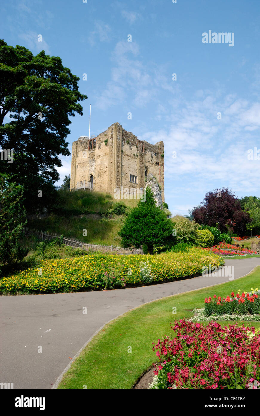 Guildford Castle tower keep and gardens. The castle started out as a Norman motte and bailey castle, built soon after 1066. Unde Stock Photo