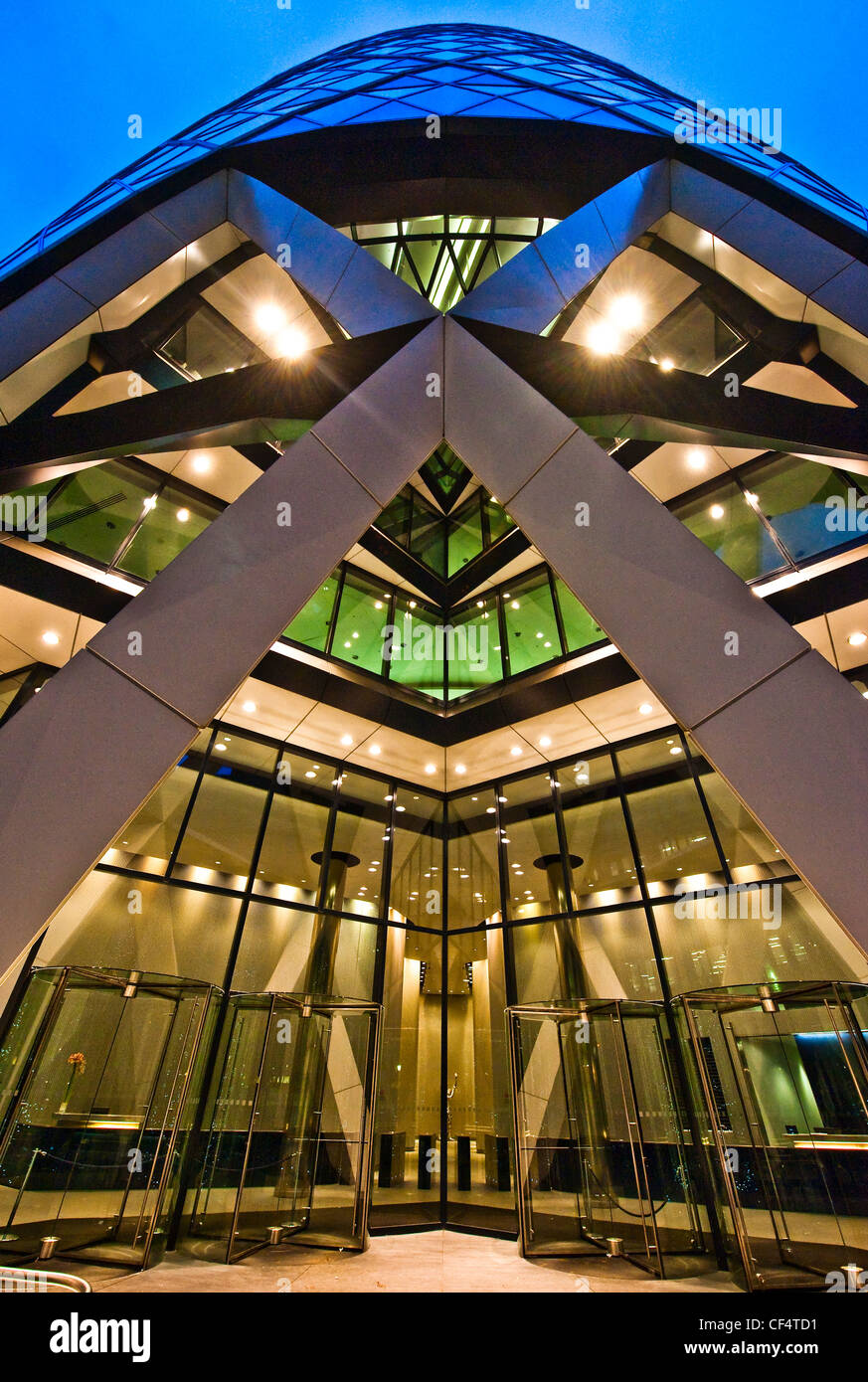 The entrance of 30 St Mary Axe also known as the Gherkin. Stock Photo