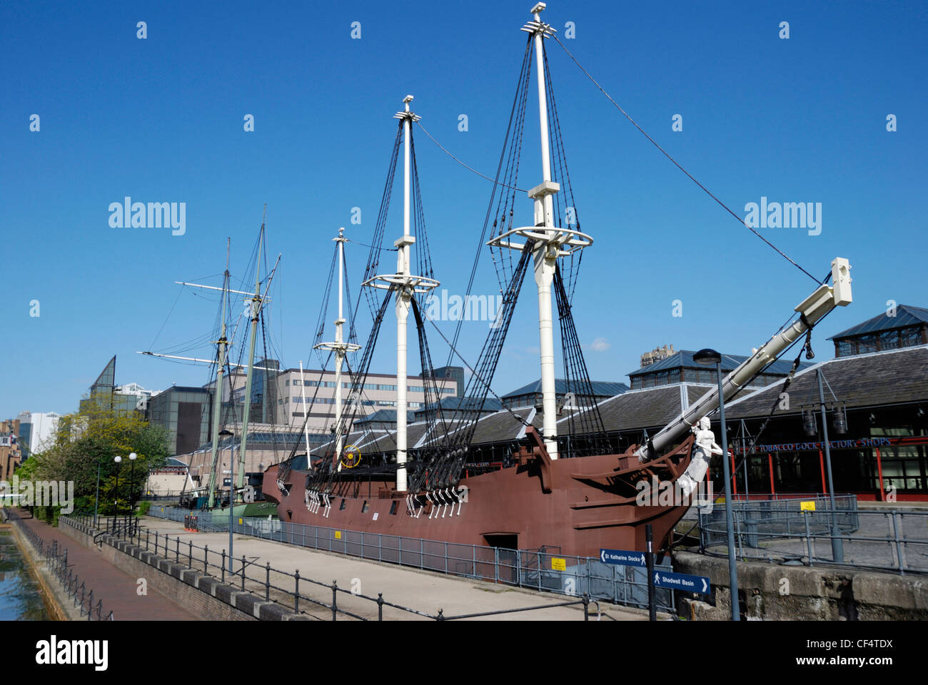 Replica of the Three Sisters pirate ship at Tobacco Dock. The ship is on permanent display and is representative of the ships th Stock Photo