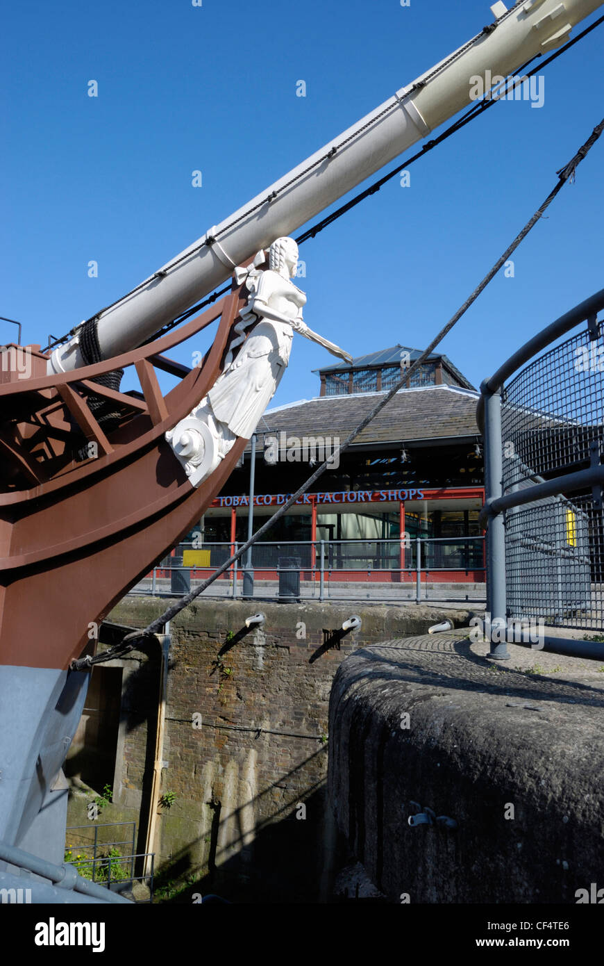 The bow of the replica Three Sisters pirate ship at Tobacco Dock. The ship is on permanent display and is representative of the Stock Photo