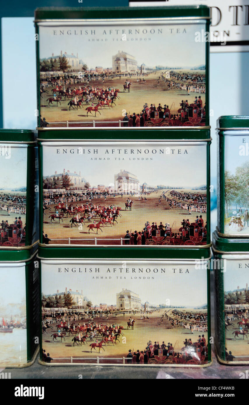 Tins of traditional English afternoon tea for sale in a souvenir shop. Stock Photo