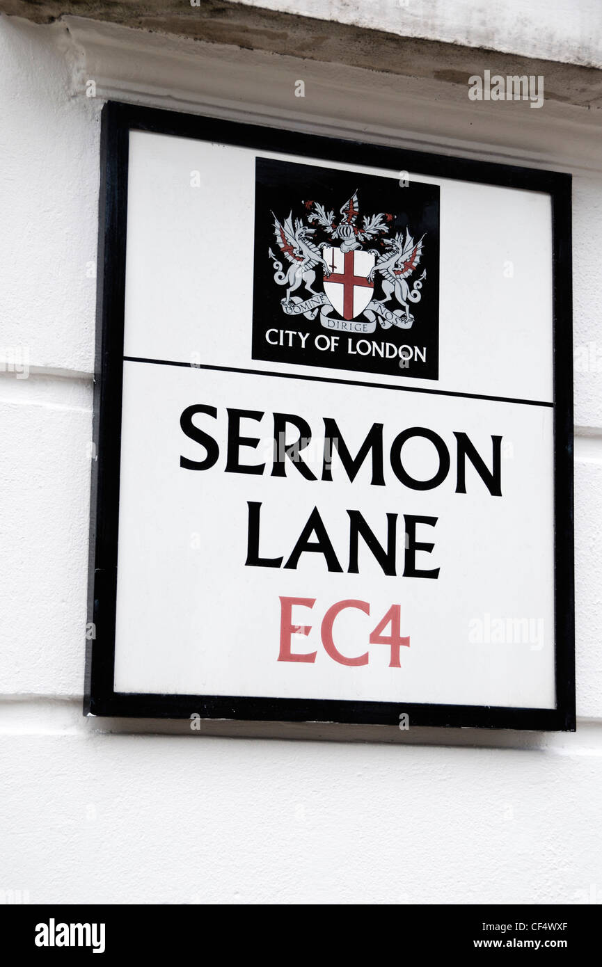 'Sermon Lane EC4' street sign in the City of London near St Paul's Cathedral. Stock Photo