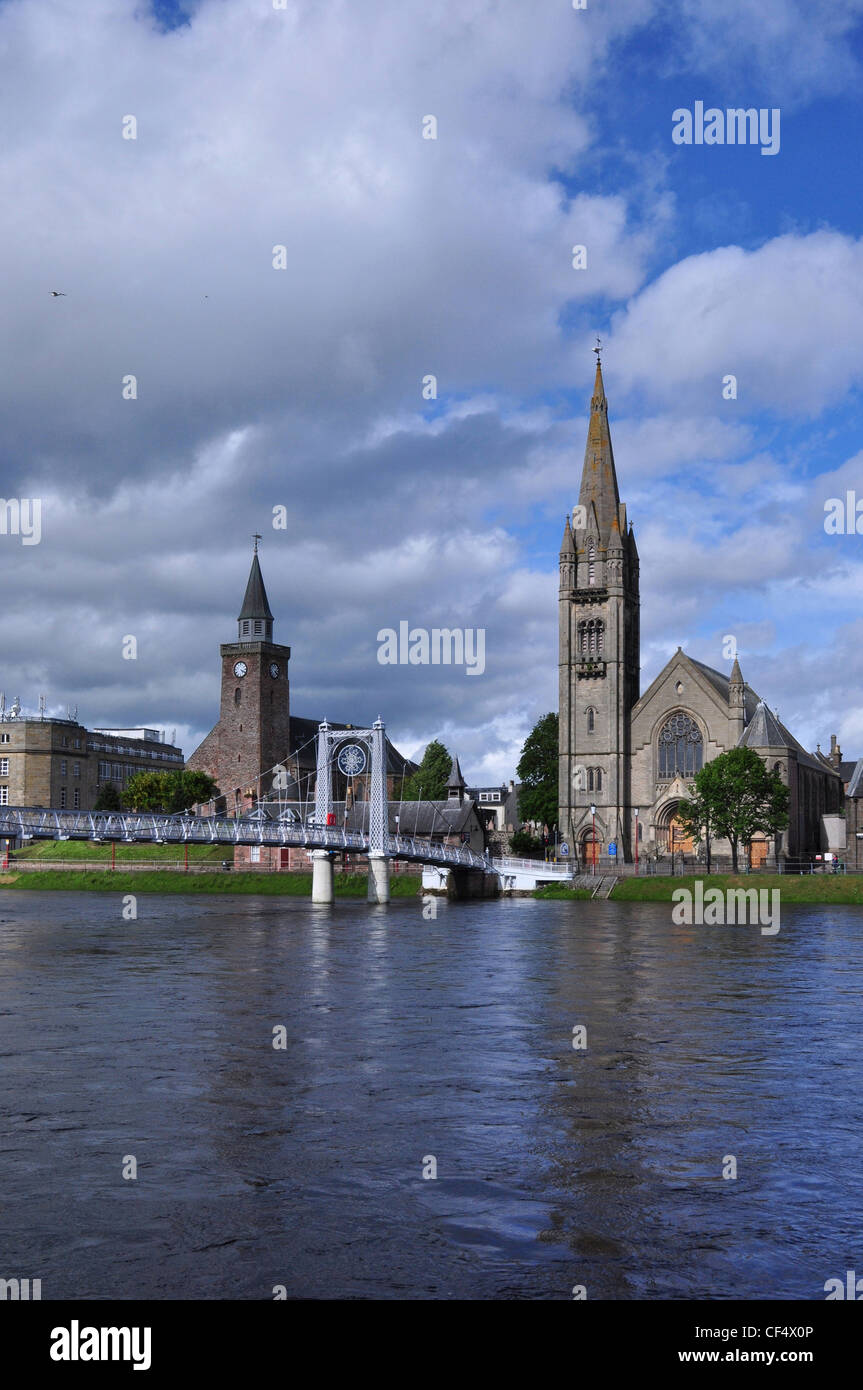 The Old High Church, North Free Church and suspension Bridge over River Ness, Inverness, Scotland. Stock Photo