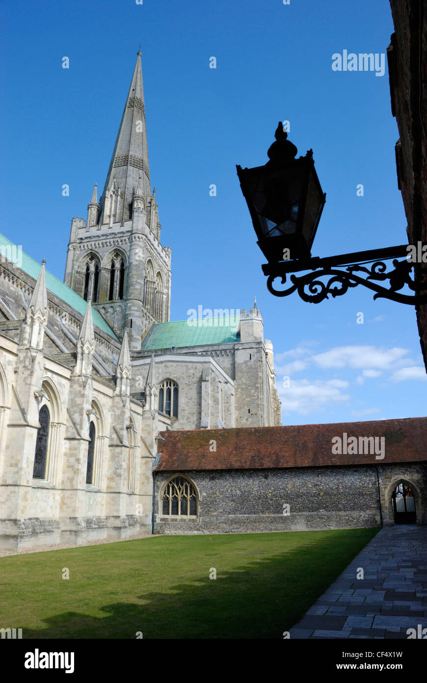 Chichester Cathedral and cloister building. The spire is a landmark for