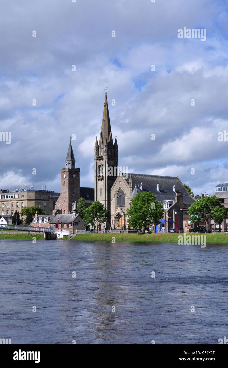 The Old High Church, North Free Church and suspension Bridge over River Ness, Inverness, Scotland. Stock Photo