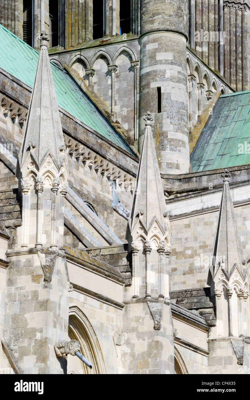 The Gothic style architecture of the exterior of Chichester Cathedral. Stock Photo