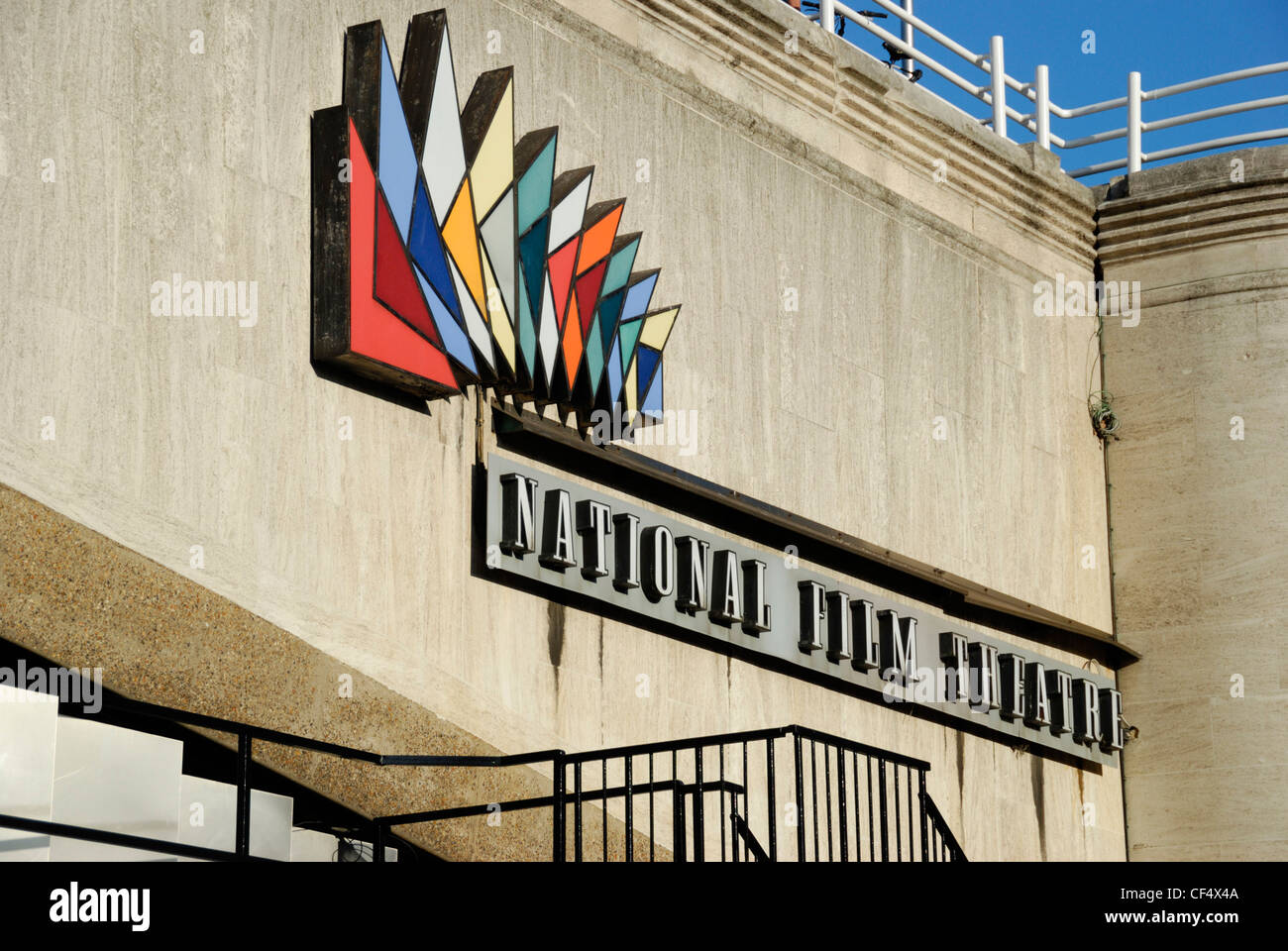 National Film Theatre sign and logo on a wall on the Southbank. Stock Photo