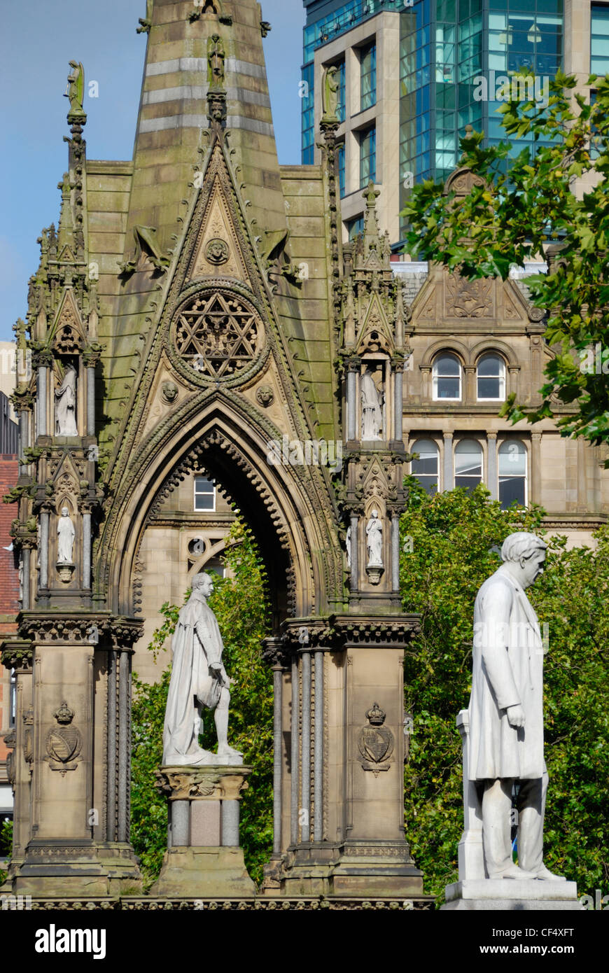 The Albert Memorial and statue of Oliver Heywood in Albert Square, Manchester. Stock Photo