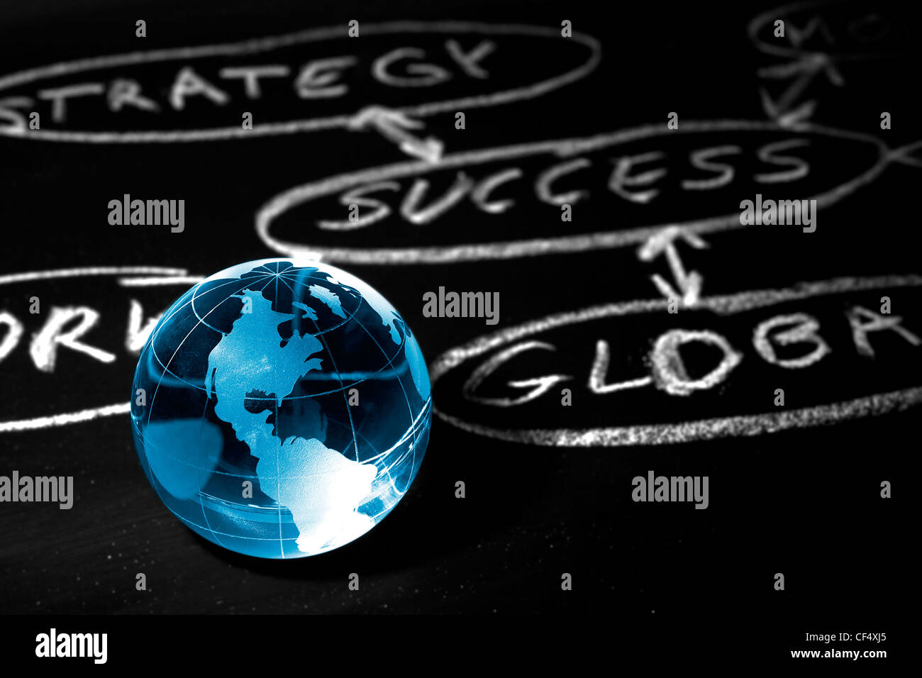 Flowchart on a chalk board with world globe showing America Stock Photo