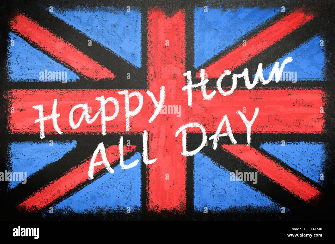Blackboard pub sign with a chalk drawn Union Jack, which reads 'Happy