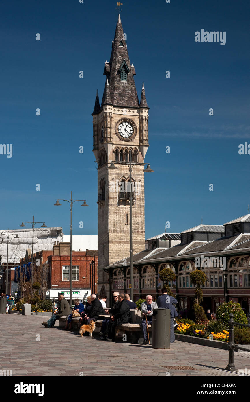 Market Square Clock Tower by the Victorian Market Hall in the centre of Darlington. Stock Photo